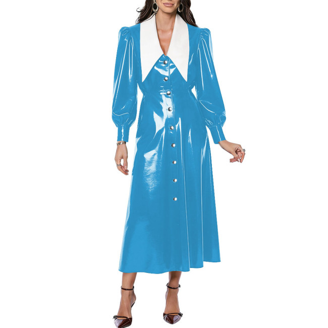 Vintage Turn Down Collar Glossy Long Dress Chic Women A-line Long Puff Sleeve Button PVC Shiny Dresses Party High Street Vestido