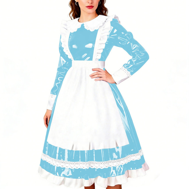 Crossdresser Wet PVC Leather French Maid Uniforms Long Sleeve Glossy Midi Dress with White Lace Trim Lolita Style Cosplay Outfit
