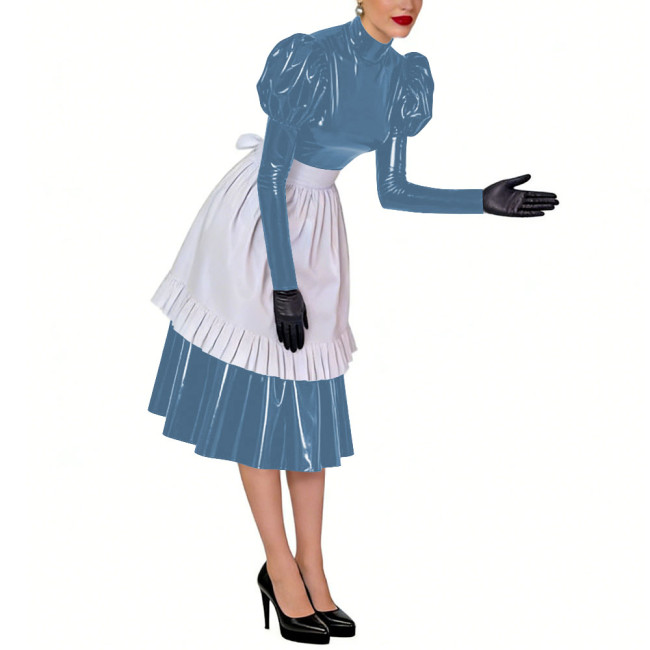Puff Long Sleeves Sissy French Maid Midi Dress with Apron Crossdresser Shiny PVC Leather High Neck Maid Uniform Cosplay Outfits