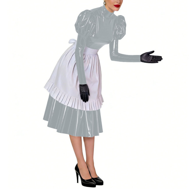 Puff Long Sleeves Sissy French Maid Midi Dress with Apron Crossdresser Shiny PVC Leather High Neck Maid Uniform Cosplay Outfits