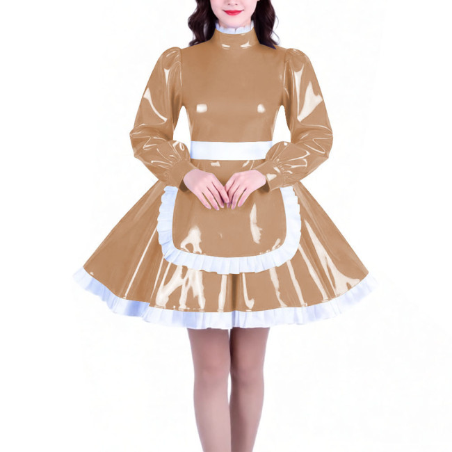 Crossdresser Long Sleeves French Maid Dress Outfits High Neck Elegant A-line Short Maid Apron Dresses Sissy Role Play Costumes