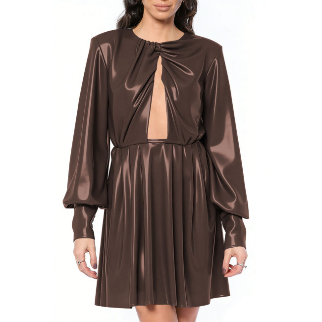 Women's Sexy Keyhole Cutout Glossy PVC Mini Dress Long Lantern Sleeve Backless Flared A-Line Party Short Dress for Club Evening
