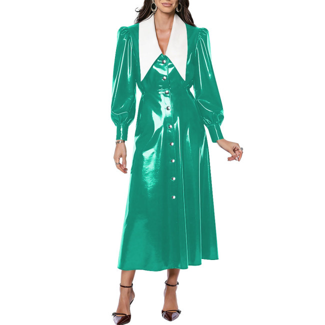 Vintage Turn Down Collar Glossy Long Dress Chic Women A-line Long Puff Sleeve Button PVC Shiny Dresses Party High Street Vestido