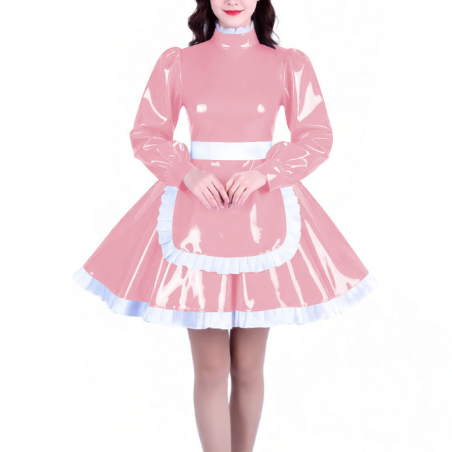 Crossdresser Long Sleeves French Maid Dress Outfits High Neck Elegant A-line Short Maid Apron Dresses Sissy Role Play Costumes