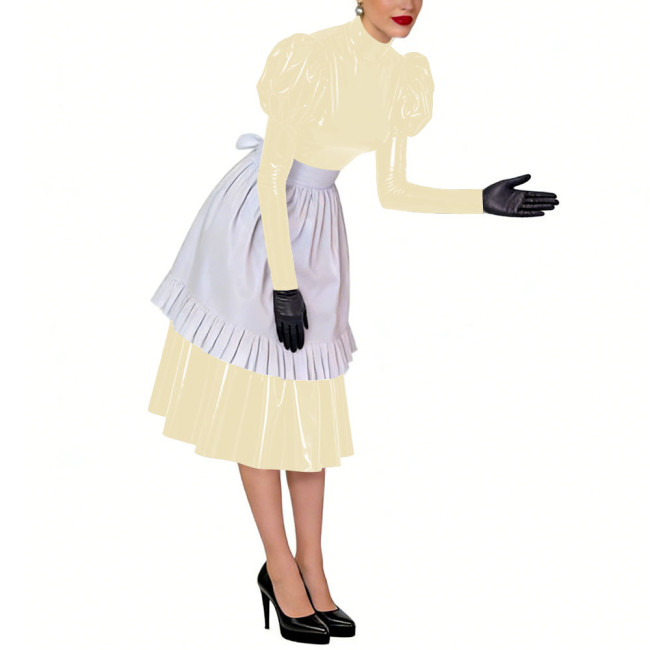 Puff Long Sleeves Sissy French Maid Midi Dress with Apron Crossdresser Shiny PVC Leather High Neck Maid Uniform Cosplay Outfits
