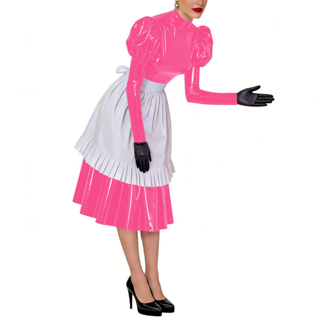 Puff Long Sleeves Sissy French Maid Midi Dress with Apron Crossdresser Shiny PVC Leather High Neck Maid Uniform Cosplay Outfits