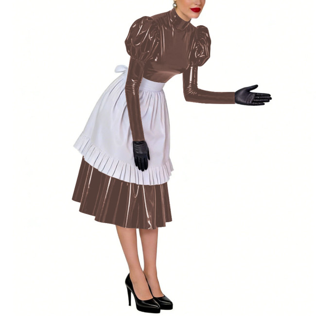Puff Long Sleeves Sissy French Maid Midi Dress with Apron Crossdresser Shiny PVC Leather High Neck Maid Uniform Cosplay Outfits