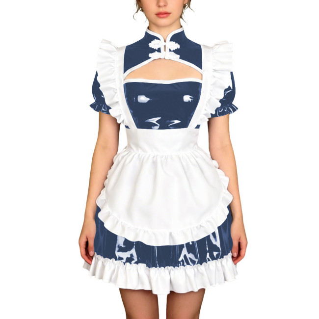 Sissy Theme Party Mandarin Collar Mini Maid Dress with Apron Wetlook PVC Maid Uniform Halloween Role Play Cheongsam Maid Costume