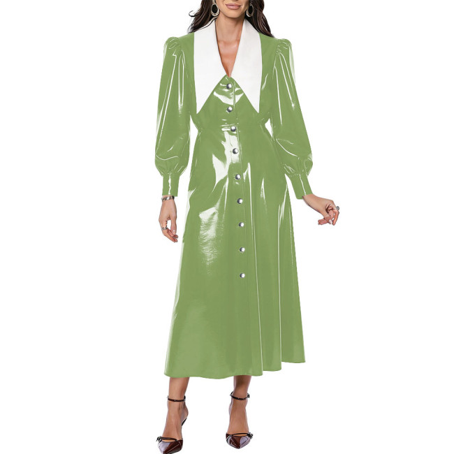 Vintage Turn Down Collar Glossy Long Dress Chic Women A-line Long Puff Sleeve Button PVC Shiny Dresses Party High Street Vestido