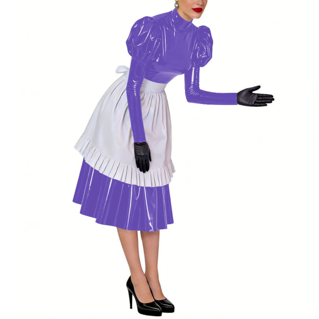 Puff Long Sleeves Sissy French Maid Midi Dress with Apron Crossdresser Shiny PVC Leather High Neck Maid Uniform Cosplay Outfits