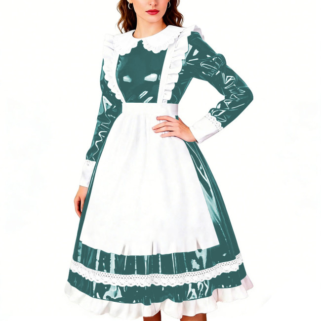Crossdresser Wet PVC Leather French Maid Uniforms Long Sleeve Glossy Midi Dress with White Lace Trim Lolita Style Cosplay Outfit