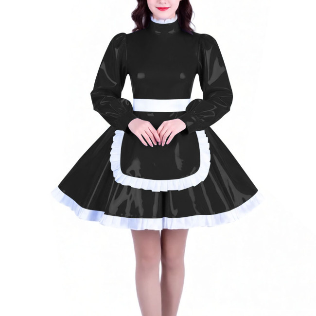 Crossdresser Long Sleeves French Maid Dress Outfits High Neck Elegant A-line Short Maid Apron Dresses Sissy Role Play Costumes