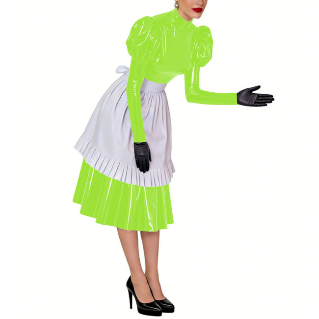 Puff Long Sleeves Sissy French Maid Midi Dress with Apron Crossdresser Shiny PVC Leather High Neck Maid Uniform Cosplay Outfits