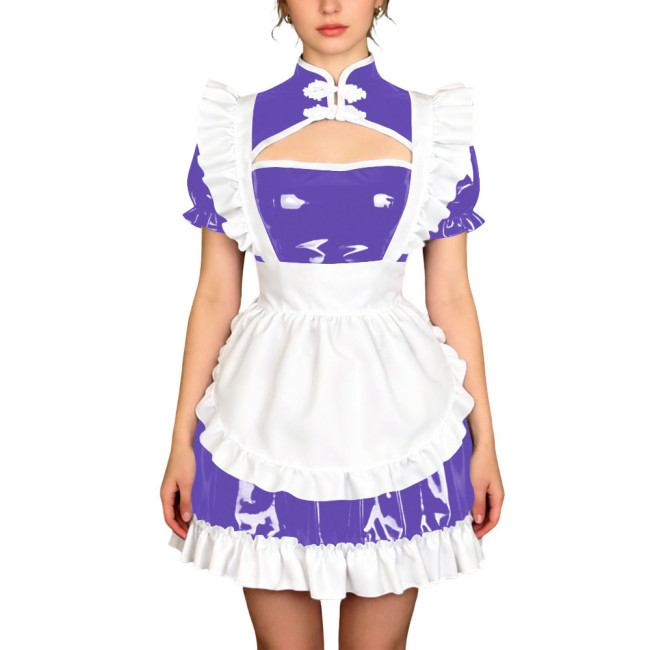 Sissy Theme Party Mandarin Collar Mini Maid Dress with Apron Wetlook PVC Maid Uniform Halloween Role Play Cheongsam Maid Costume