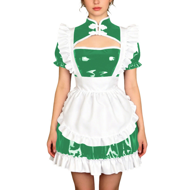 Sissy Theme Party Mandarin Collar Mini Maid Dress with Apron Wetlook PVC Maid Uniform Halloween Role Play Cheongsam Maid Costume