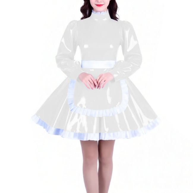 Crossdresser Long Sleeves French Maid Dress Outfits High Neck Elegant A-line Short Maid Apron Dresses Sissy Role Play Costumes