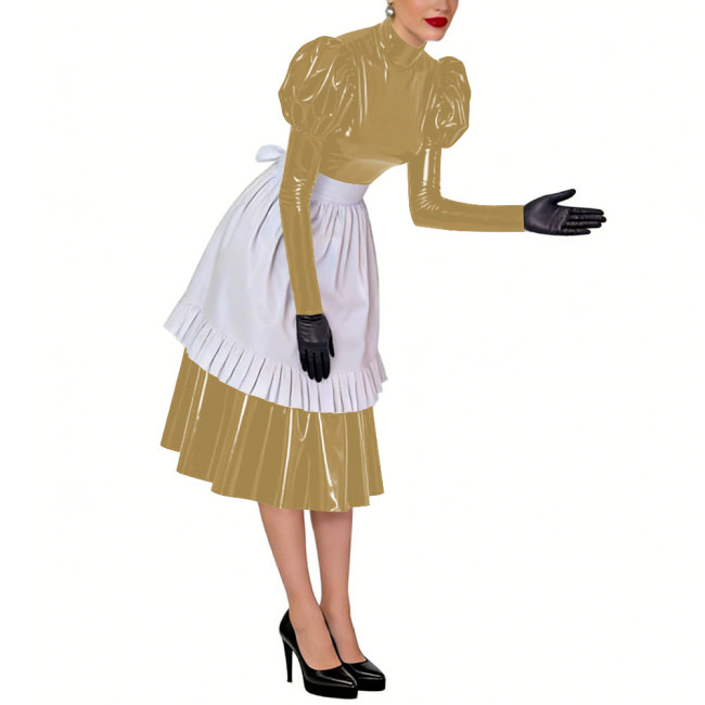 Puff Long Sleeves Sissy French Maid Midi Dress with Apron Crossdresser Shiny PVC Leather High Neck Maid Uniform Cosplay Outfits