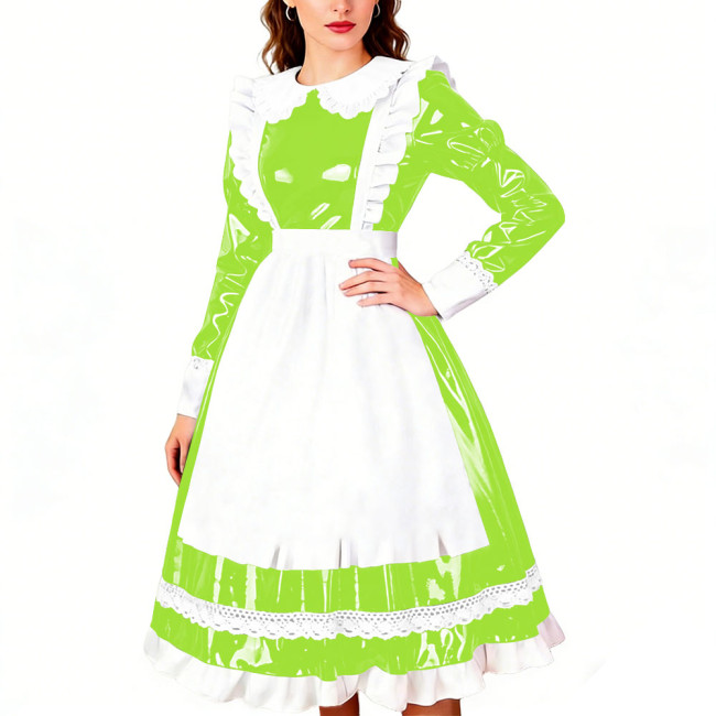 Crossdresser Wet PVC Leather French Maid Uniforms Long Sleeve Glossy Midi Dress with White Lace Trim Lolita Style Cosplay Outfit