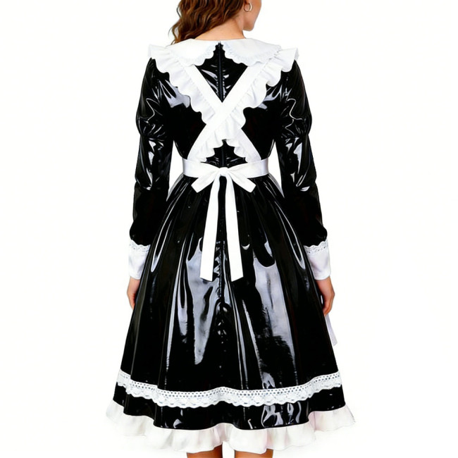 Crossdresser Wet PVC Leather French Maid Uniforms Long Sleeve Glossy Midi Dress with White Lace Trim Lolita Style Cosplay Outfit