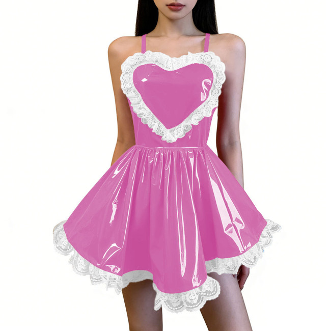 Sexy Sleeveless Crisscross Back A-line Mini Dress with White Lace Trim Womens Heart-Shaped Short Flared Skater Dress Clubwear