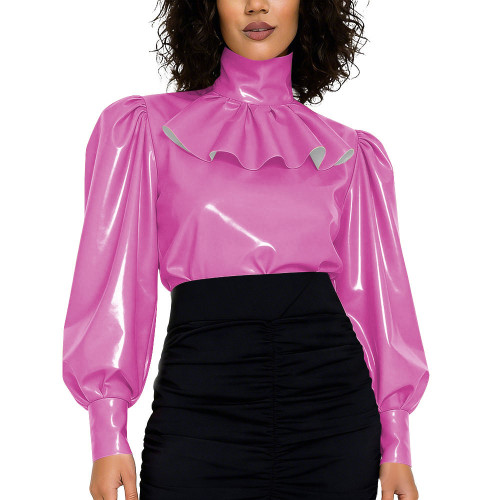 High Street Glossy PVC Leather Womens Blouse High Neck Ruffled Puff Long Sleeve Retro Style Top with Back Zipper Fashion Outfits