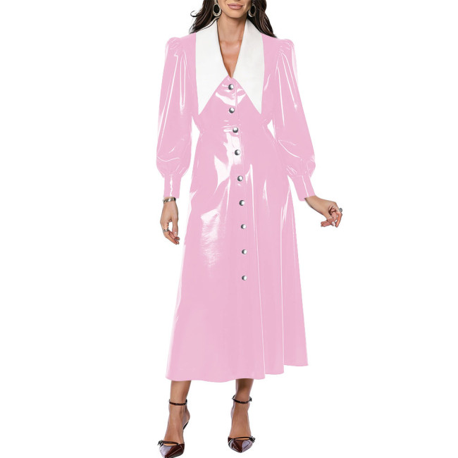 Vintage Turn Down Collar Glossy Long Dress Chic Women A-line Long Puff Sleeve Button PVC Shiny Dresses Party High Street Vestido