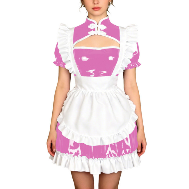 Sissy Theme Party Mandarin Collar Mini Maid Dress with Apron Wetlook PVC Maid Uniform Halloween Role Play Cheongsam Maid Costume