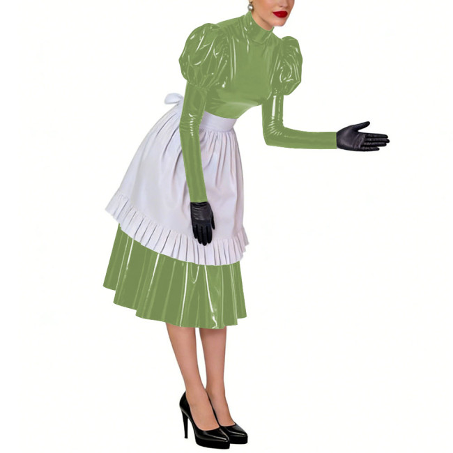 Puff Long Sleeves Sissy French Maid Midi Dress with Apron Crossdresser Shiny PVC Leather High Neck Maid Uniform Cosplay Outfits