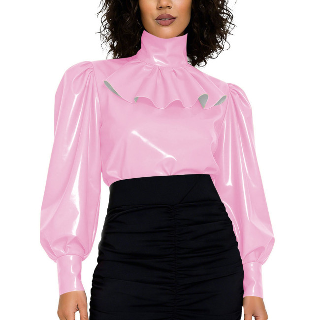 High Street Glossy PVC Leather Womens Blouse High Neck Ruffled Puff Long Sleeve Retro Style Top with Back Zipper Fashion Outfits