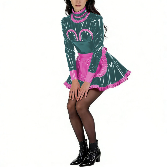 Sissy Glossy PVC High Neck Maid Dress Party Long Sleeve with Ruffled Trim Apron Maid Uniforms Halloween Exotic Cosplay Outfit
