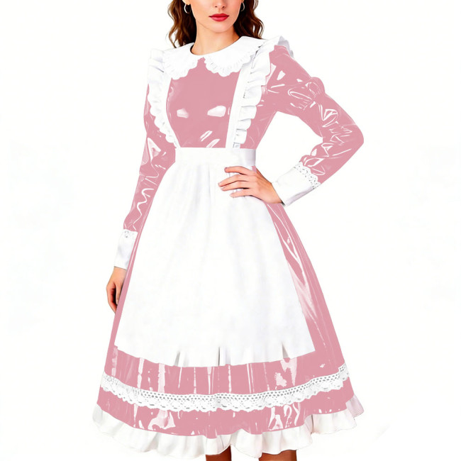 Crossdresser Wet PVC Leather French Maid Uniforms Long Sleeve Glossy Midi Dress with White Lace Trim Lolita Style Cosplay Outfit