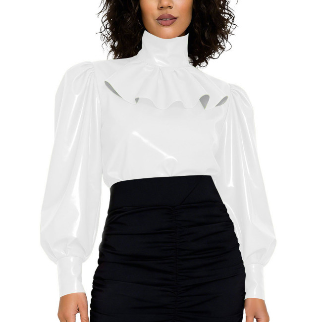 High Street Glossy PVC Leather Womens Blouse High Neck Ruffled Puff Long Sleeve Retro Style Top with Back Zipper Fashion Outfits
