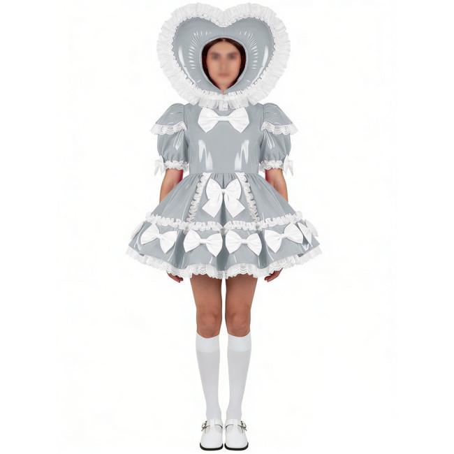 Sissy Shiny PVC Sweet Lolita Dress Uniforms Puff Sleeve Mini Pleated Dress with White Bows & Heart-Shaped Hood Cosplay Outfits
