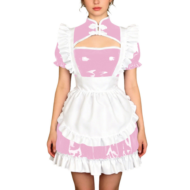 Sissy Theme Party Mandarin Collar Mini Maid Dress with Apron Wetlook PVC Maid Uniform Halloween Role Play Cheongsam Maid Costume