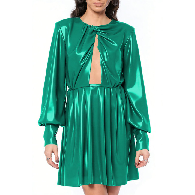 Women's Sexy Keyhole Cutout Glossy PVC Mini Dress Long Lantern Sleeve Backless Flared A-Line Party Short Dress for Club Evening