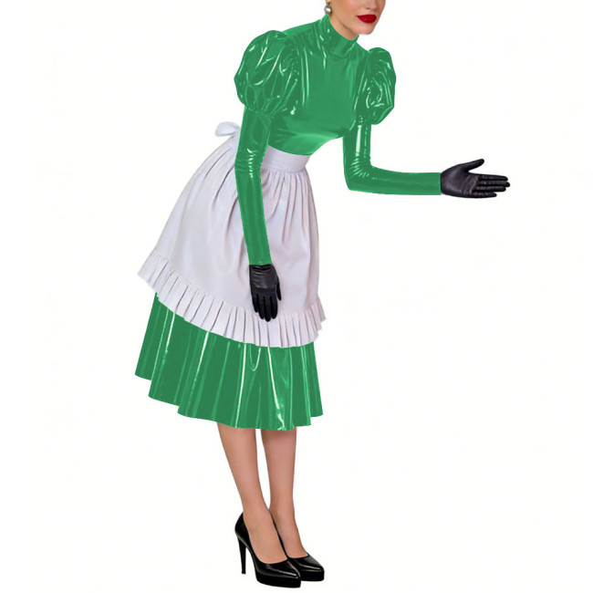 Puff Long Sleeves Sissy French Maid Midi Dress with Apron Crossdresser Shiny PVC Leather High Neck Maid Uniform Cosplay Outfits