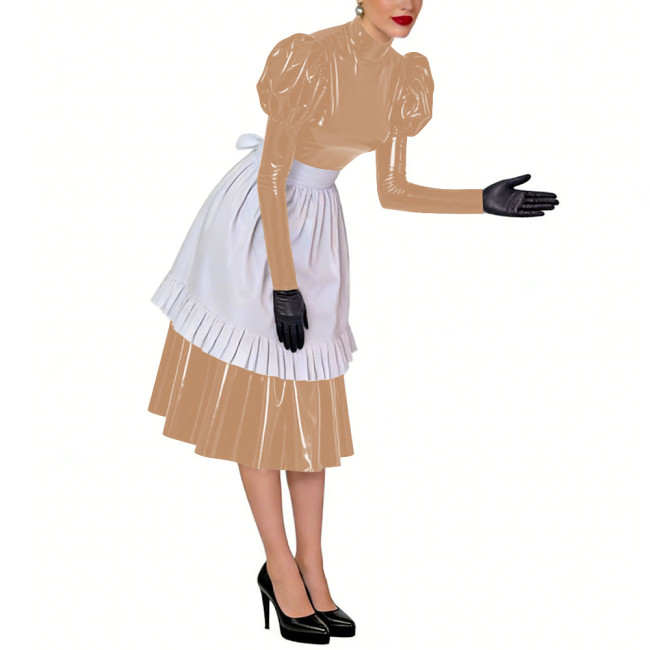 Puff Long Sleeves Sissy French Maid Midi Dress with Apron Crossdresser Shiny PVC Leather High Neck Maid Uniform Cosplay Outfits