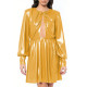Women's Sexy Keyhole Cutout Glossy PVC Mini Dress Long Lantern Sleeve Backless Flared A-Line Party Short Dress for Club Evening