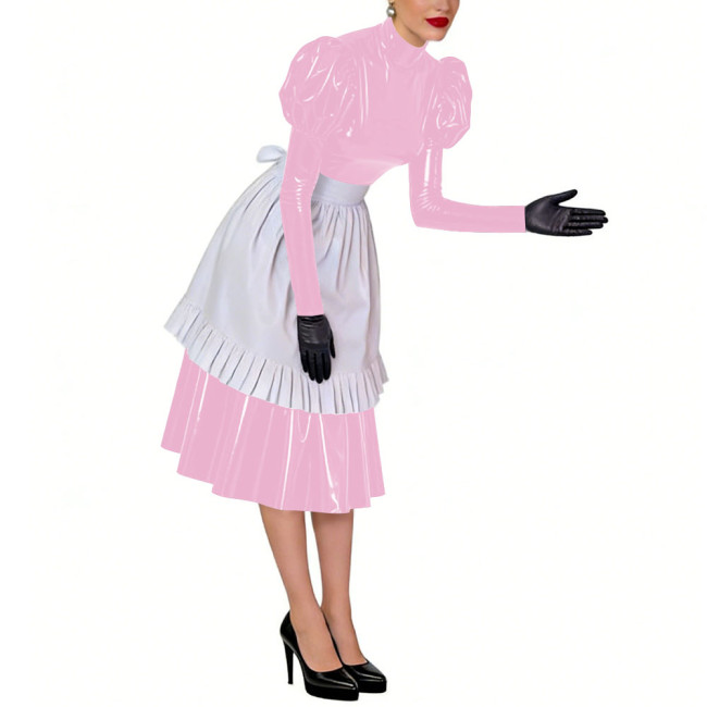 Puff Long Sleeves Sissy French Maid Midi Dress with Apron Crossdresser Shiny PVC Leather High Neck Maid Uniform Cosplay Outfits