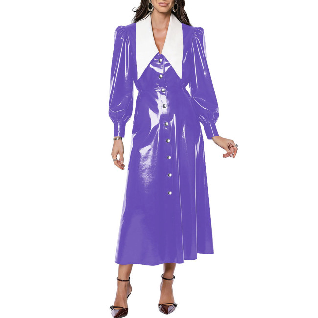 Vintage Turn Down Collar Glossy Long Dress Chic Women A-line Long Puff Sleeve Button PVC Shiny Dresses Party High Street Vestido