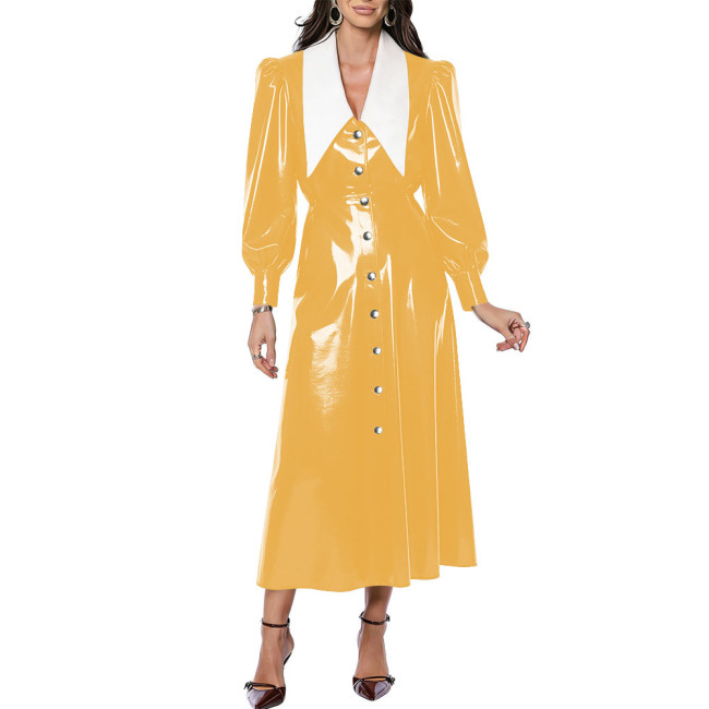 Vintage Turn Down Collar Glossy Long Dress Chic Women A-line Long Puff Sleeve Button PVC Shiny Dresses Party High Street Vestido