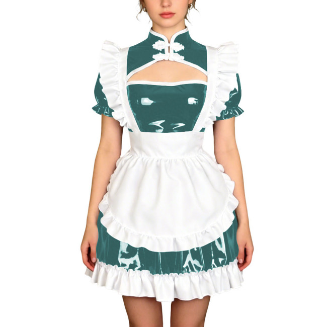 Sissy Theme Party Mandarin Collar Mini Maid Dress with Apron Wetlook PVC Maid Uniform Halloween Role Play Cheongsam Maid Costume
