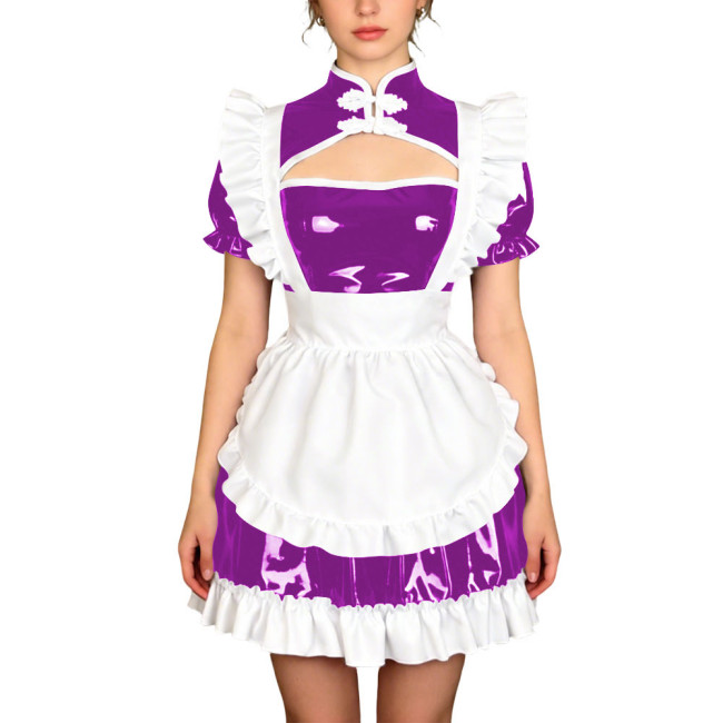 Sissy Theme Party Mandarin Collar Mini Maid Dress with Apron Wetlook PVC Maid Uniform Halloween Role Play Cheongsam Maid Costume