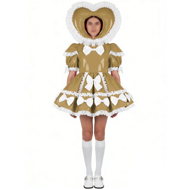 Sissy Shiny PVC Sweet Lolita Dress Uniforms Puff Sleeve Mini Pleated Dress with White Bows & Heart-Shaped Hood Cosplay Outfits