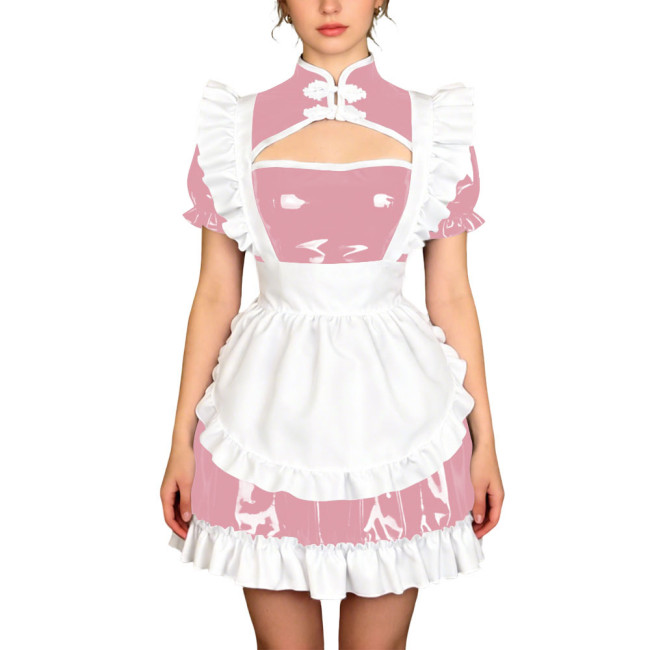 Sissy Theme Party Mandarin Collar Mini Maid Dress with Apron Wetlook PVC Maid Uniform Halloween Role Play Cheongsam Maid Costume