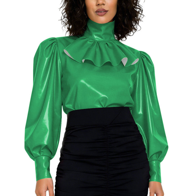 High Street Glossy PVC Leather Womens Blouse High Neck Ruffled Puff Long Sleeve Retro Style Top with Back Zipper Fashion Outfits