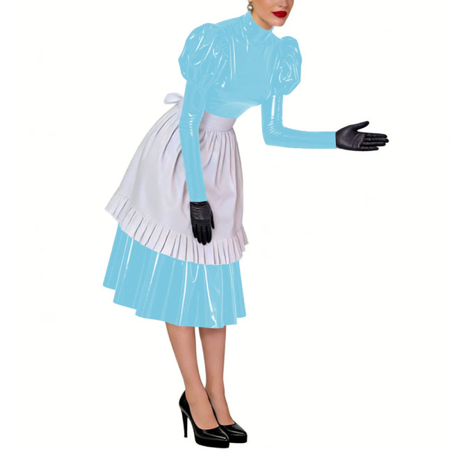 Puff Long Sleeves Sissy French Maid Midi Dress with Apron Crossdresser Shiny PVC Leather High Neck Maid Uniform Cosplay Outfits