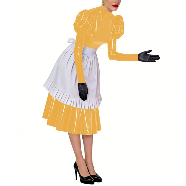 Puff Long Sleeves Sissy French Maid Midi Dress with Apron Crossdresser Shiny PVC Leather High Neck Maid Uniform Cosplay Outfits