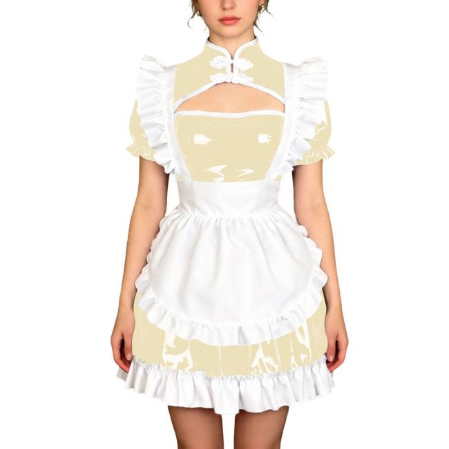 Sissy Theme Party Mandarin Collar Mini Maid Dress with Apron Wetlook PVC Maid Uniform Halloween Role Play Cheongsam Maid Costume