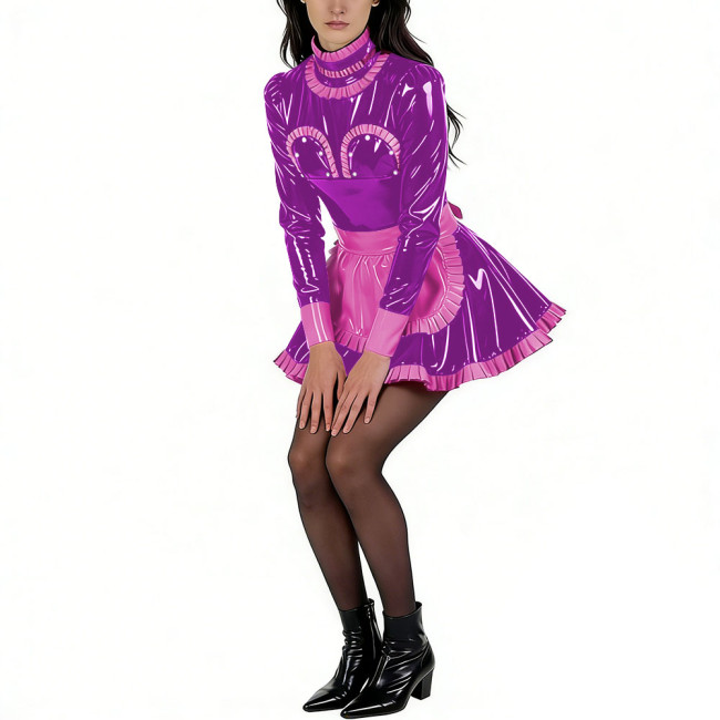 Sissy Glossy PVC High Neck Maid Dress Party Long Sleeve with Ruffled Trim Apron Maid Uniforms Halloween Exotic Cosplay Outfit